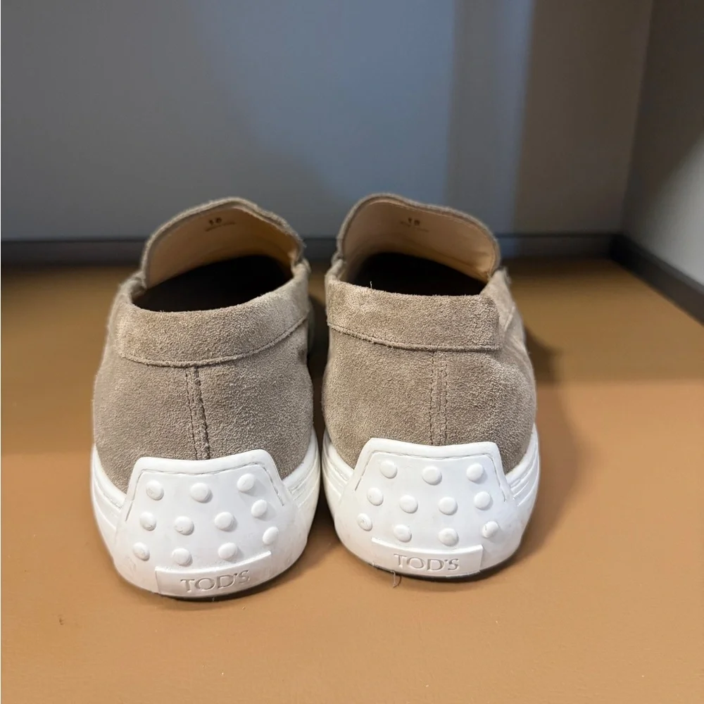 Tod's Taupe Suede Penny Loafers with White Rubber Sole